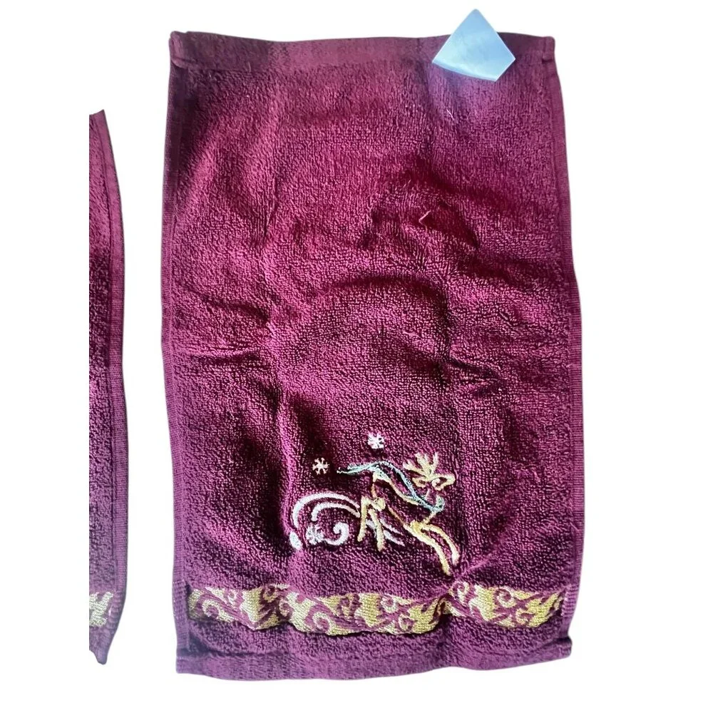 3 Christmas Reindeer Hand Towels 17X10.5Maroon w/ Gold Embroidery 99% Cotton